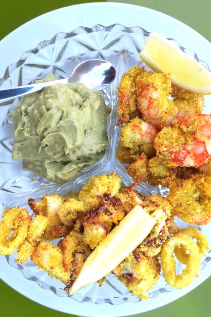 crispy baked calamari & prawns with avocado salsa