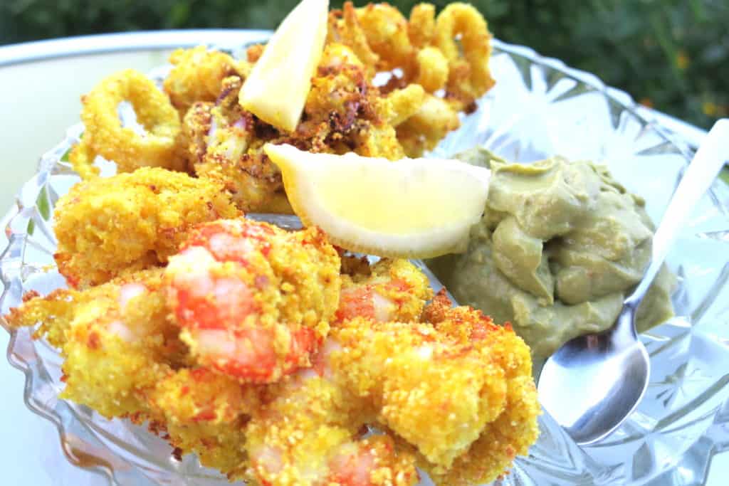 crispy baked calamari & prawns with avocado salsa