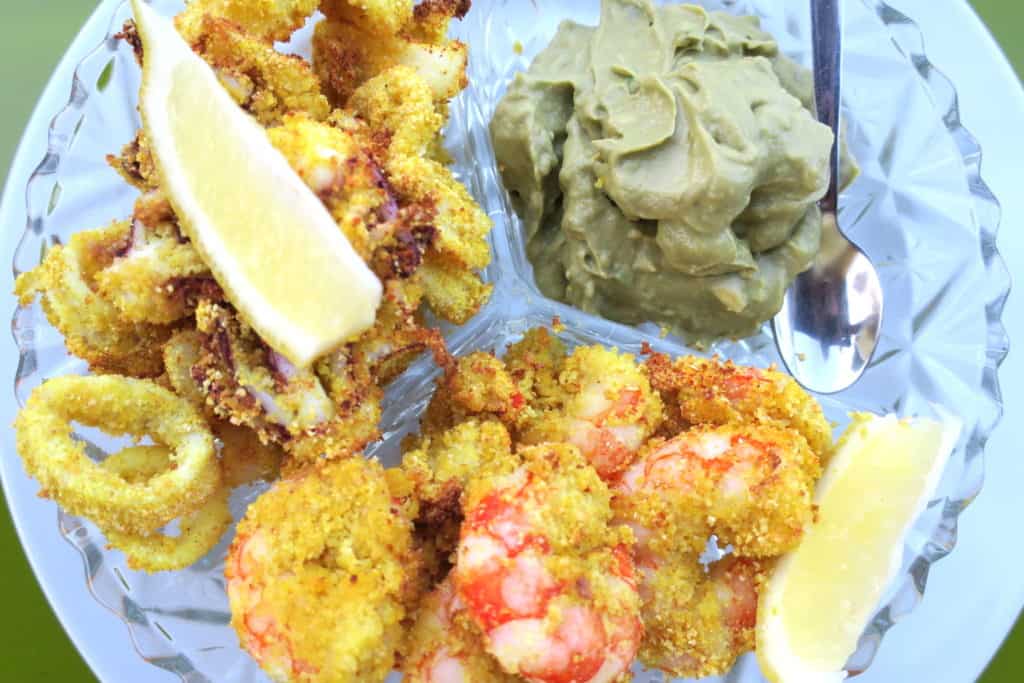 crispy baked calamari & prawns with avocado salsa